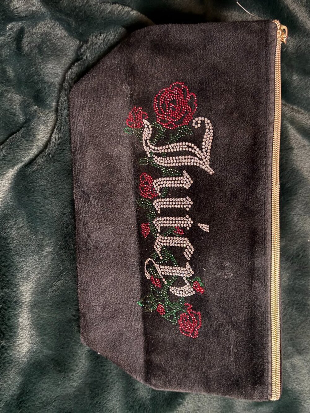 Juicy Couture Black Velvet Rhinestone Rose Clutch / Makeup Bag